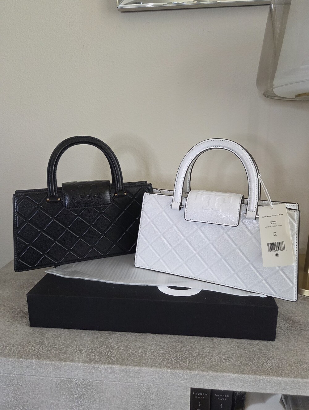 NWT Tory Burch Fleming Black Or White Quilted Top Handle East West  - Women Bags